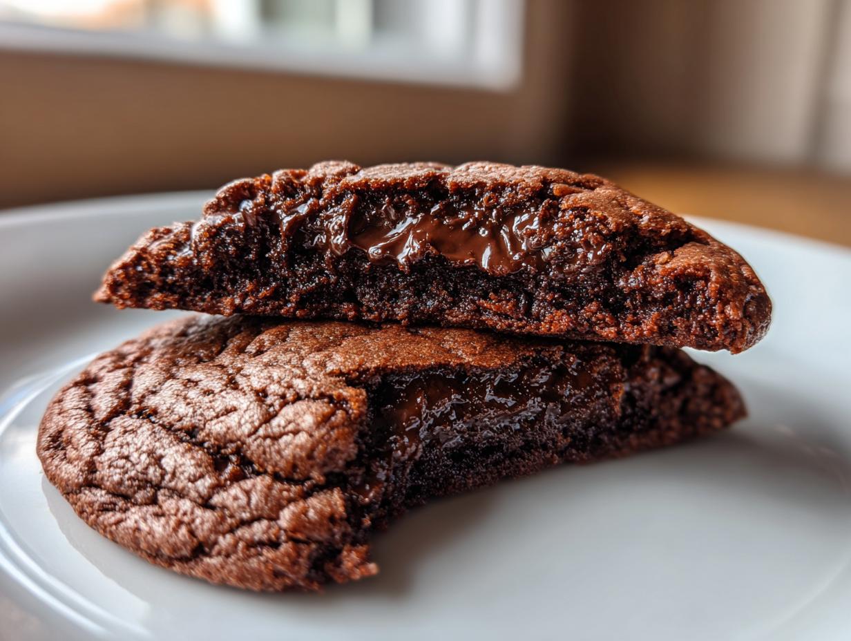 A close-up of Chocolate Fudge Cookies cut in half, showing a gooey, melted chocolate center.