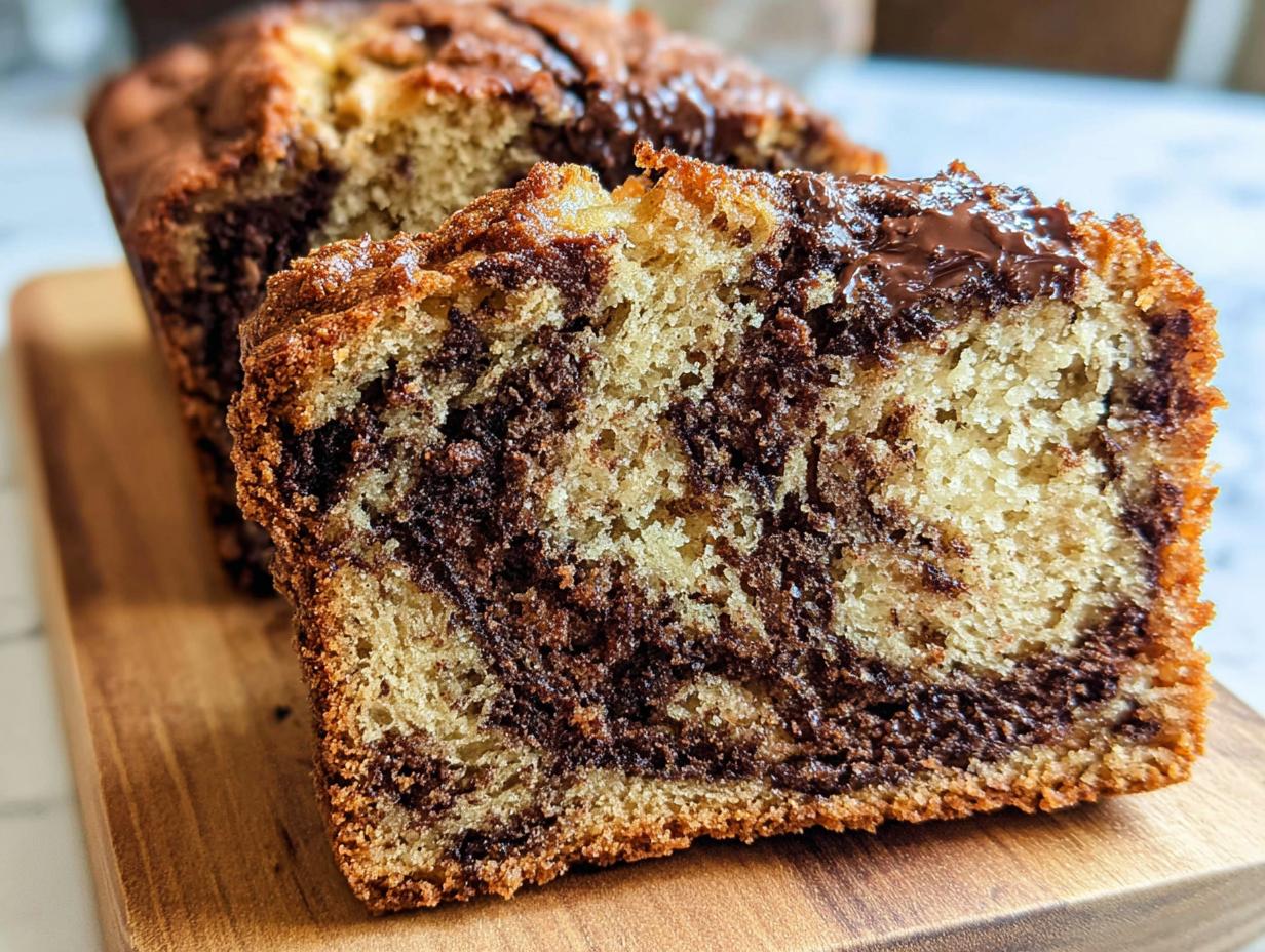 Close-up of a thick slice of moist Chocolate Swirl Banana Loaf showing the marbled banana cake and chocolate batter.