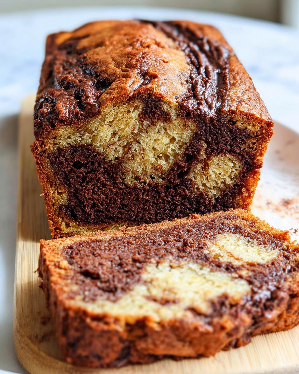 A close-up of a sliced Chocolate Swirl Banana Loaf showing the marbled texture of vanilla and chocolate batter.