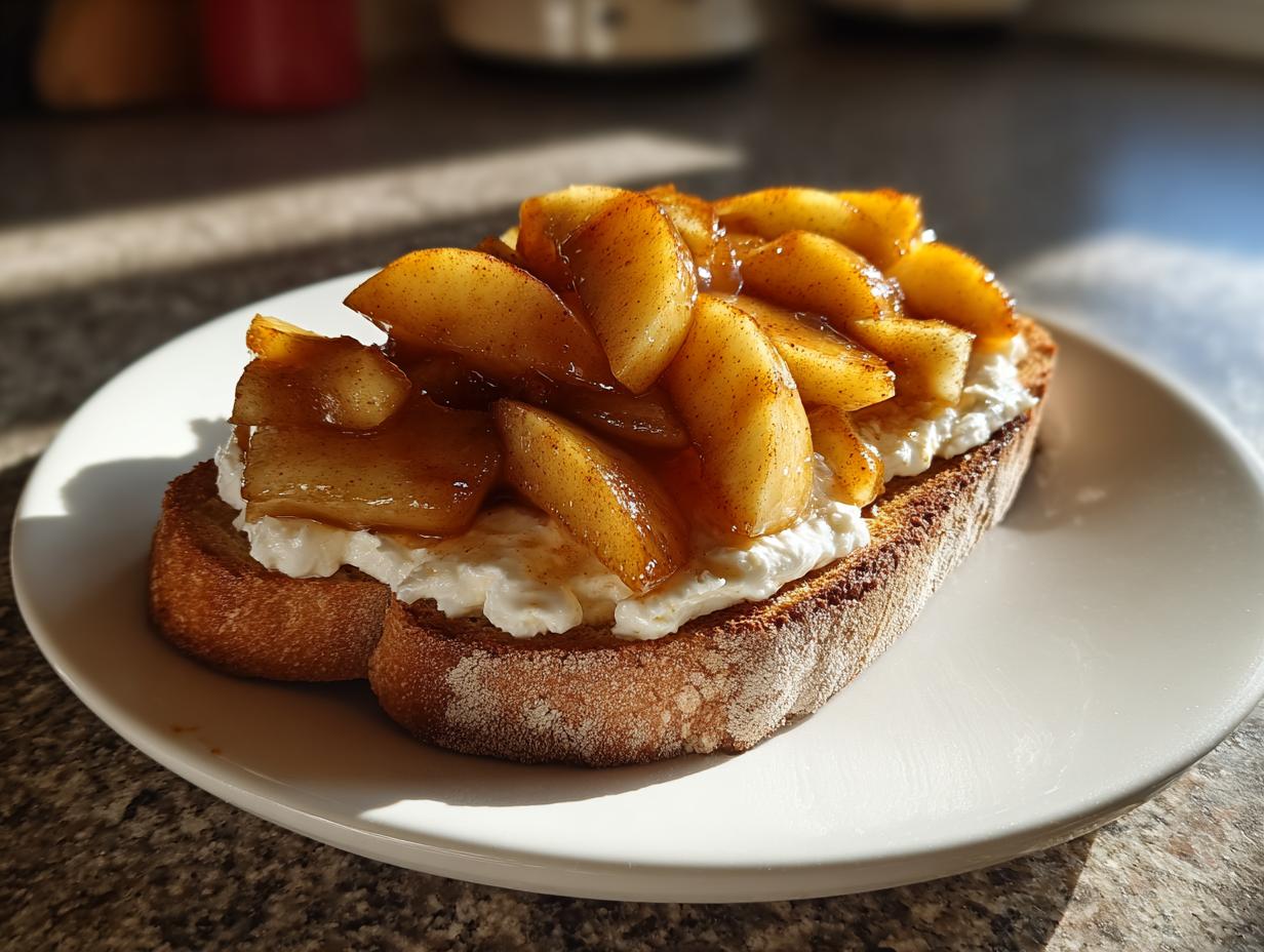 A slice of toasted bread topped with creamy ricotta and caramelized cinnamon apples, a perfect Comfort Breakfast Made with Apples.