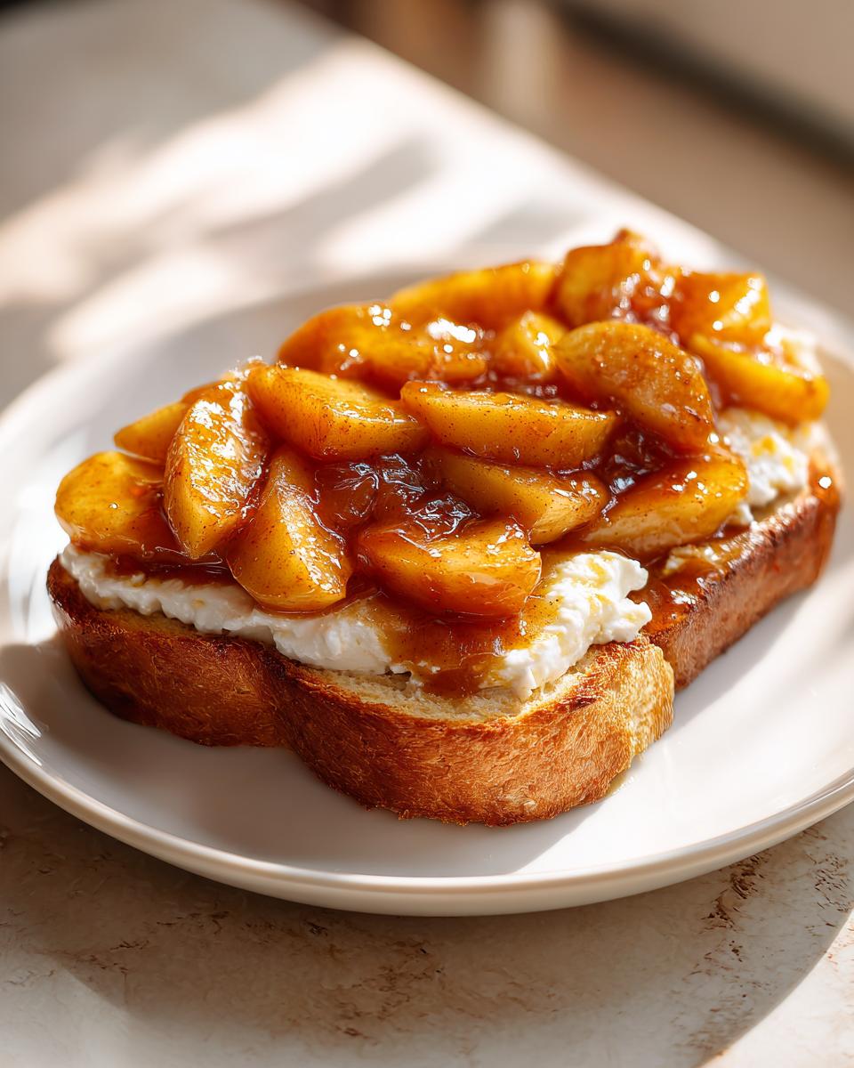 A slice of toasted brioche topped with ricotta cheese and caramelized cinnamon apples, a perfect Comfort Breakfast Made with Apples.