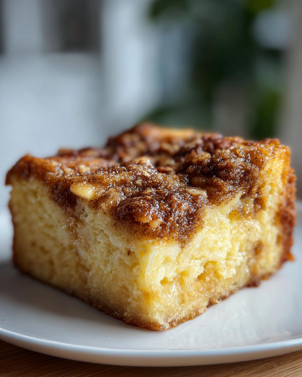 Close-up of a moist slice of coffee cake with a rich cinnamon streusel topping, perfect for a sweet breakfast.