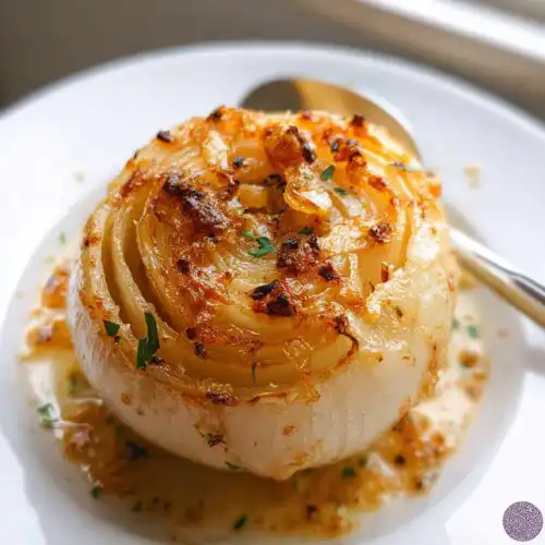 Close-up of a whole, tender Classic Butter Onion Boil, caramelized on top and resting in butter sauce.