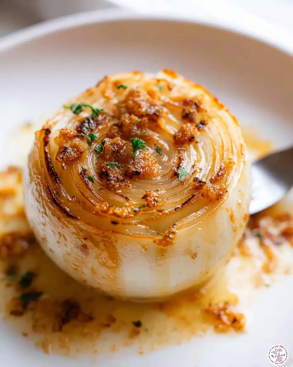 Close-up of a tender, whole onion prepared using the Classic Butter Onion Boil method, sitting in savory butter sauce.