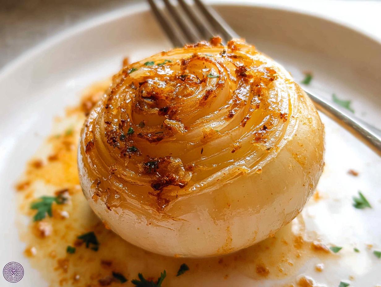 Close-up of a whole, tender onion prepared using the Classic Butter Onion Boil method, glistening with butter sauce.