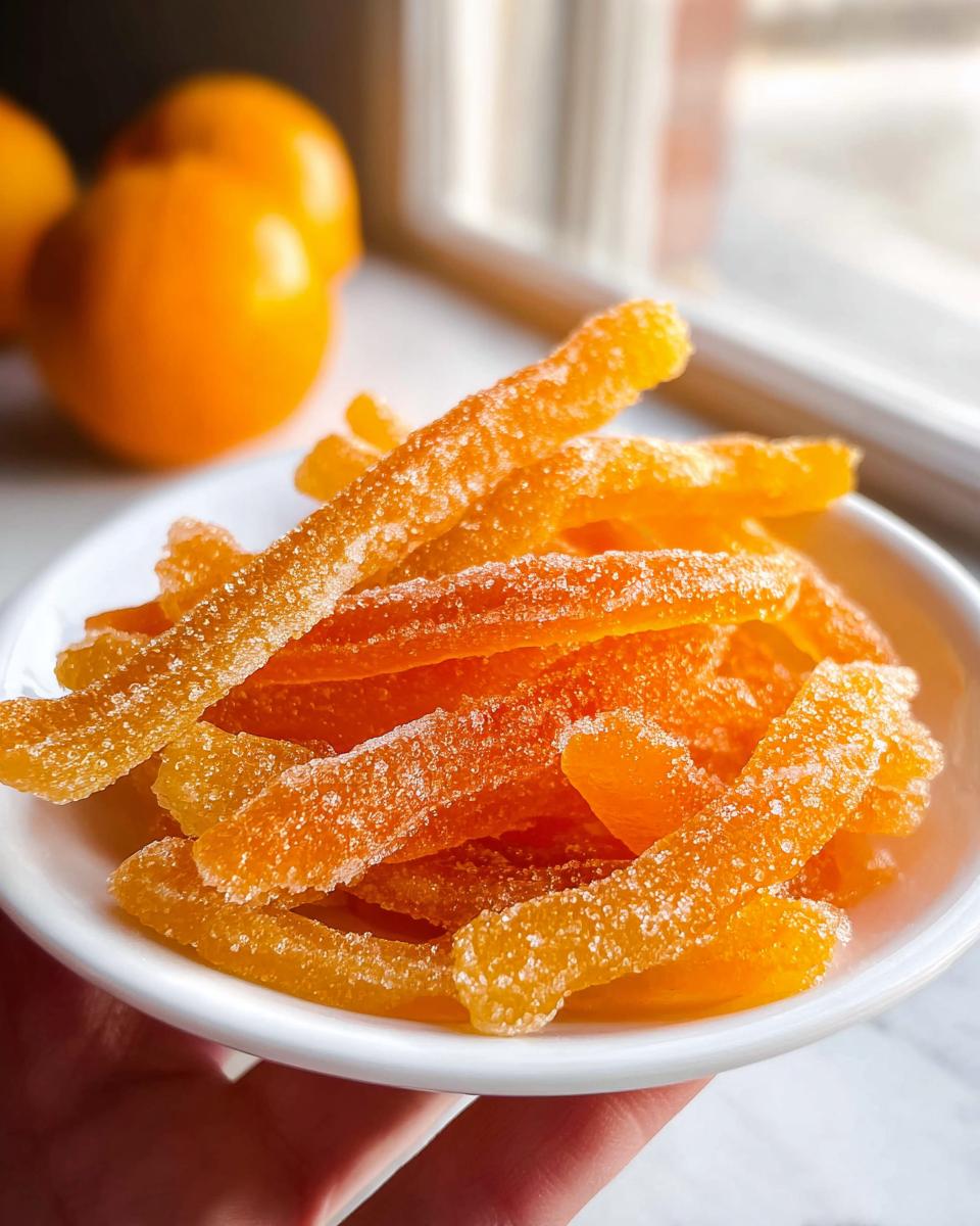 Close-up of glistening Classic Candied Orange Peel strips coated in sugar, held in a small white bowl.