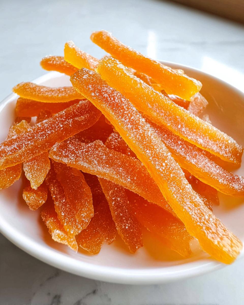 A pile of bright orange, sugar-coated strips of Classic Candied Orange Peel in a white bowl.