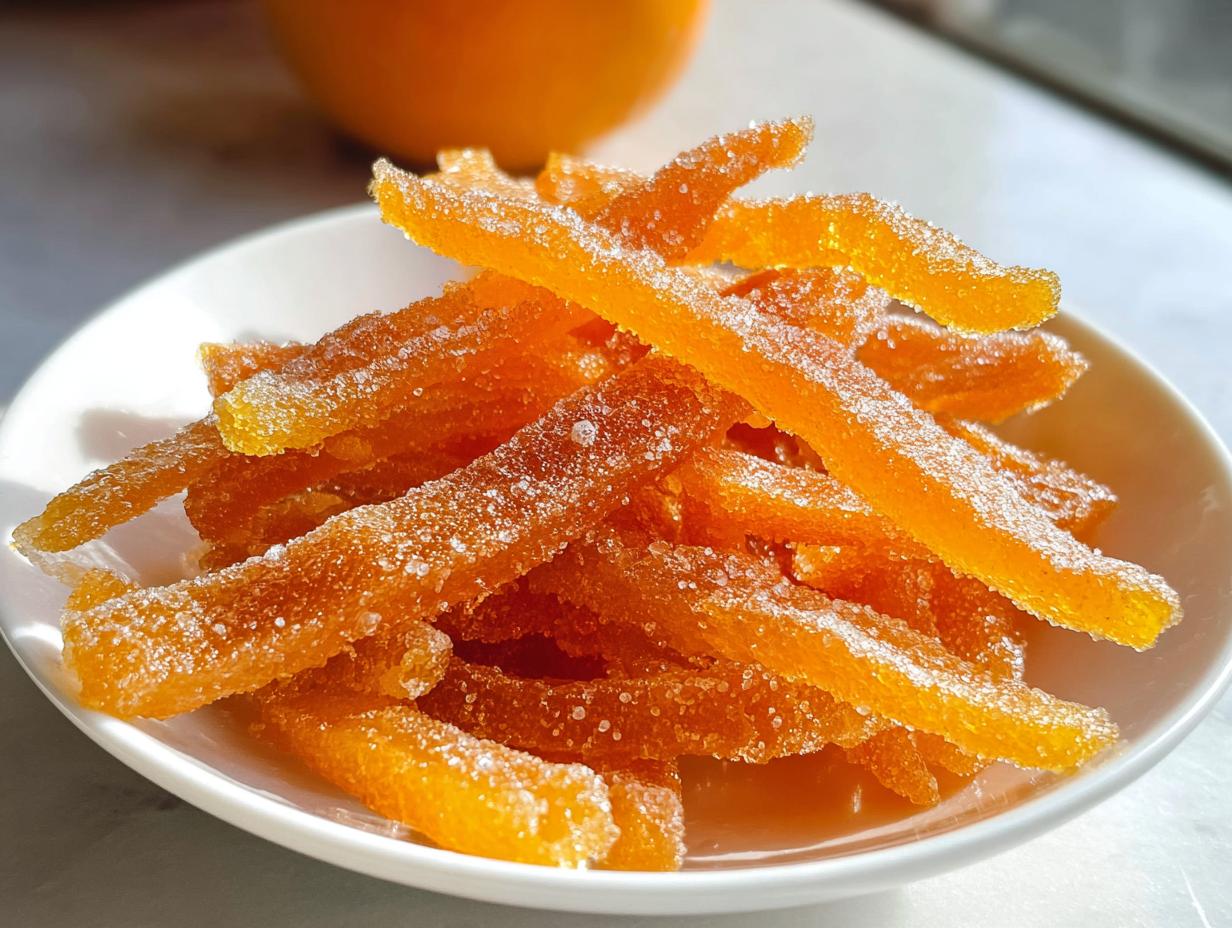 Close-up of bright orange, sugar-coated strips of Classic Candied Orange Peel piled on a small white dish.