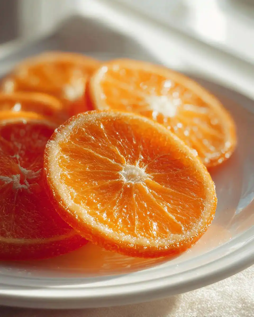 Close-up of glistening Classic Candied Orange Slices coated in sugar resting on a white plate.