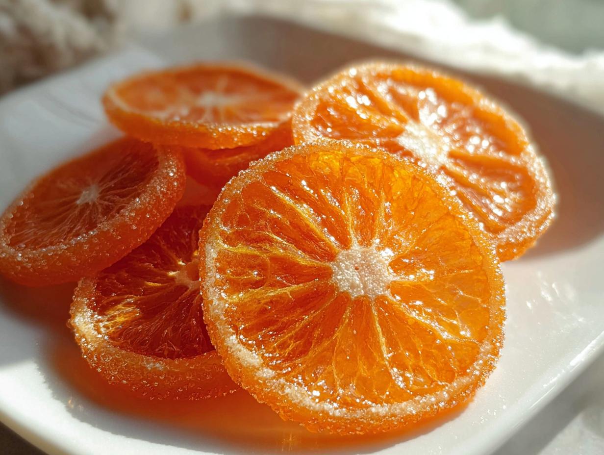 Close-up of several glistening Classic Candied Orange Slices coated in granulated sugar on a white plate.