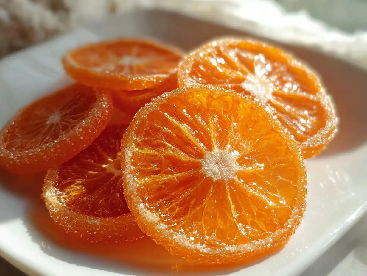 Close-up of several glistening Classic Candied Orange Slices coated in granulated sugar on a white plate.