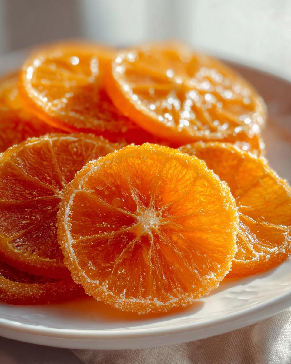 Close-up of bright orange, glistening Classic Candied Orange Slices coated in sugar, resting on a white plate.