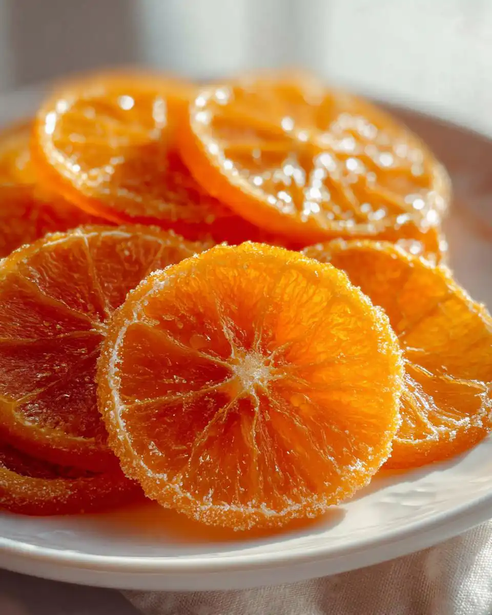 Close-up of bright orange, glistening Classic Candied Orange Slices coated in sugar, resting on a white plate.