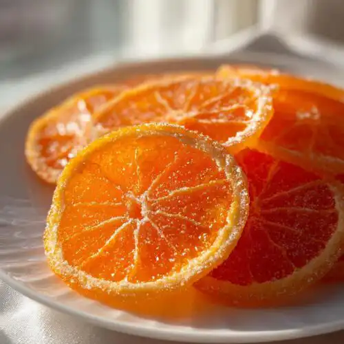 Close-up of bright orange, sugar-coated Classic Candied Orange Slices piled on a white plate.