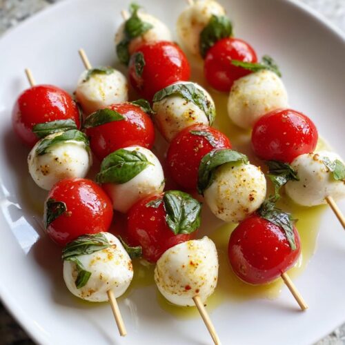 Close-up of several Classic Caprese Bites (tomato mozzarella basil) skewers drizzled with oil on a white plate.