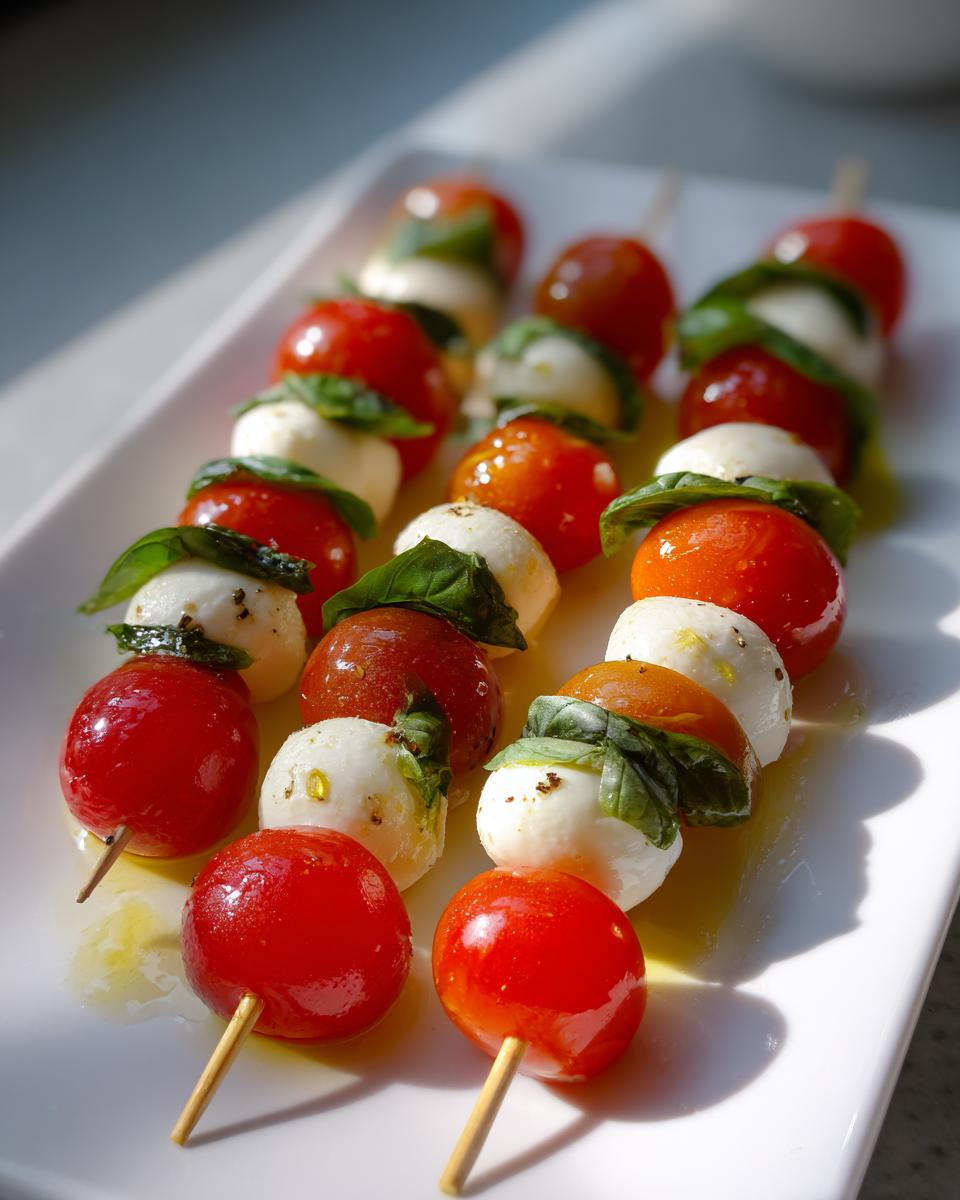 Three skewers of Classic Caprese Bites featuring cherry tomatoes, mozzarella balls, and basil leaves drizzled with oil.