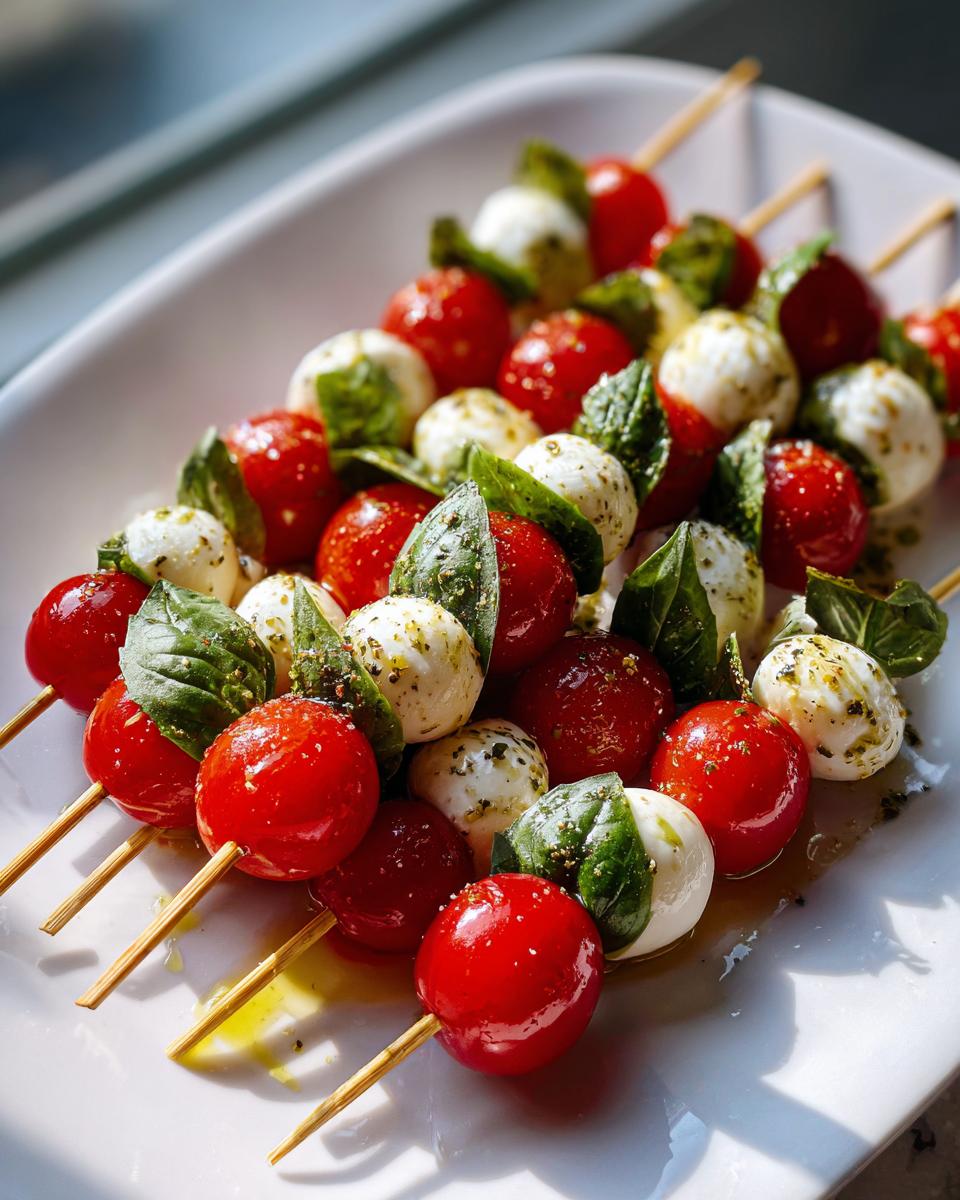 Close-up of several skewers featuring Classic Caprese Bites with cherry tomatoes, mozzarella balls, and basil leaves.