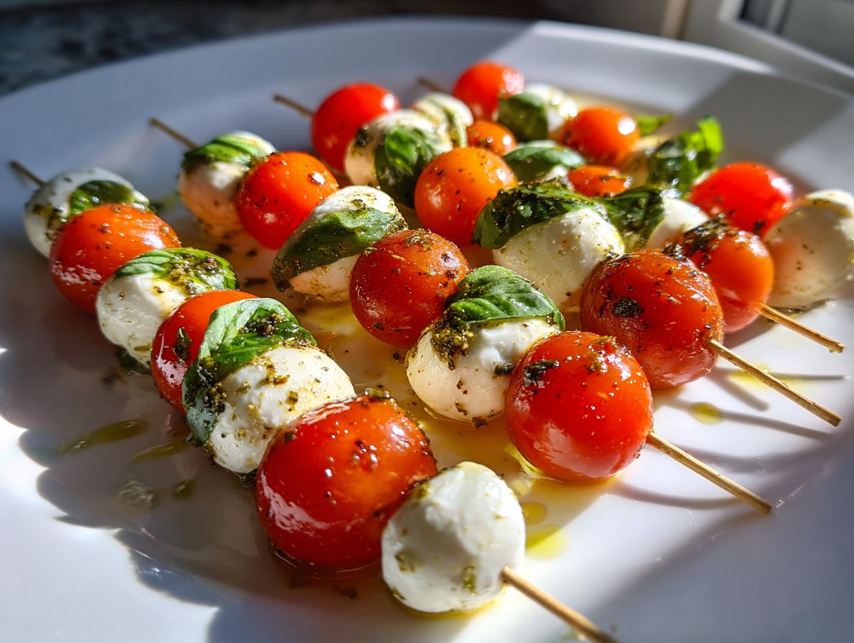 Close-up of several Classic Caprese Bites skewers featuring cherry tomatoes, mozzarella balls, and basil leaves drizzled with pesto.