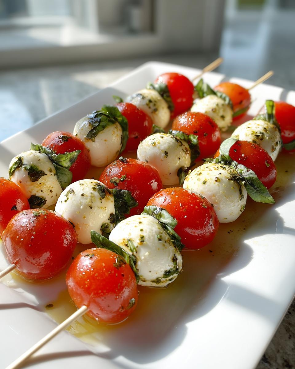 Close-up of Classic Caprese Bites (tomato mozzarella basil) skewers drizzled with oil on a white platter.