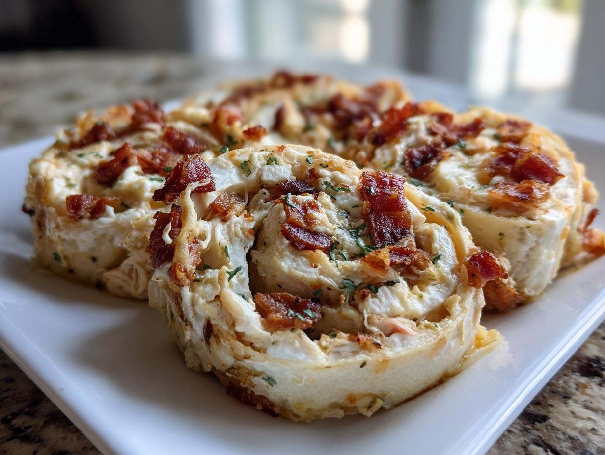Three savory slices of Classic Crack Chicken Pinwheels topped with crispy bacon bits and parsley on a white plate.
