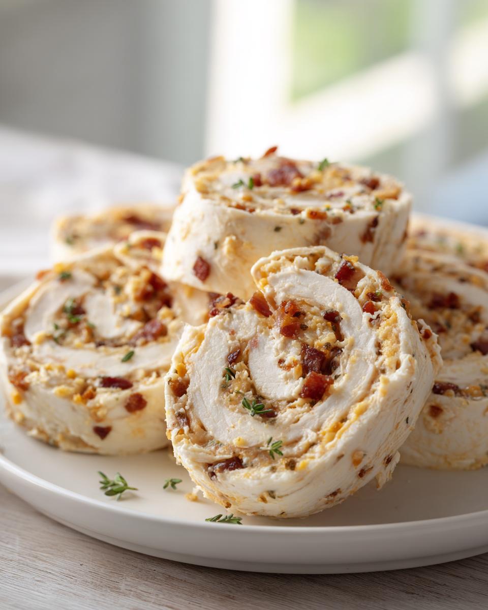 Close-up of several slices of Classic Crack Chicken Pinwheels, showing the creamy filling and bacon bits rolled inside.