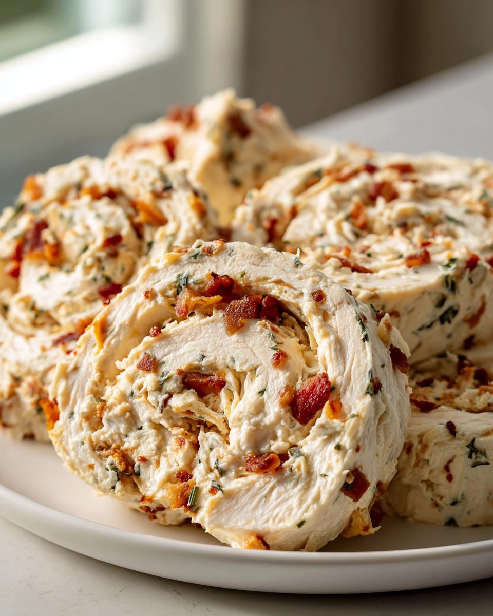 Slices of creamy Classic Crack Chicken Pinwheels showing shredded chicken, cream cheese filling, and crispy bacon bits.