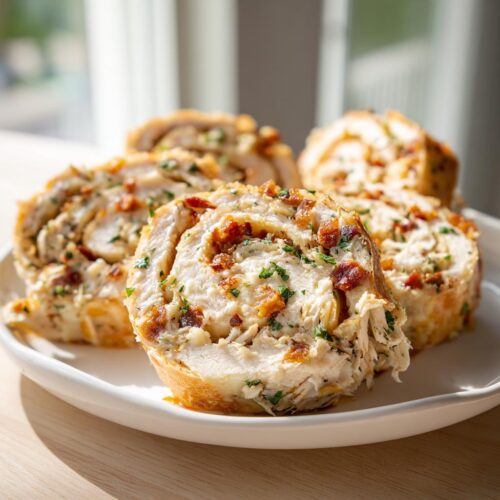 Close-up of several slices of Classic Crack Chicken Pinwheels filled with creamy chicken mixture and bacon bits.
