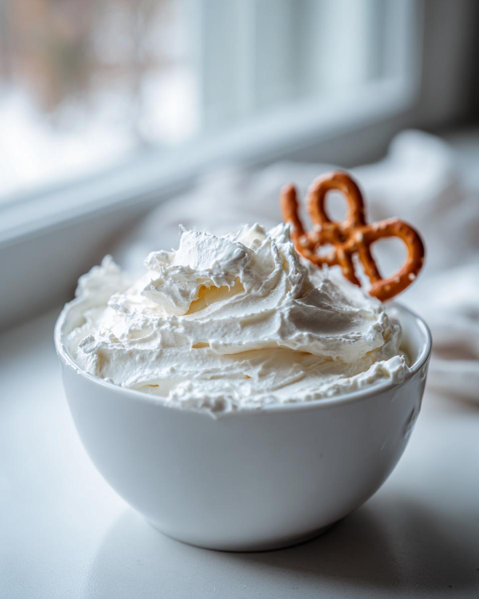 A white bowl filled high with fluffy Classic Cream Cheese Pretzel Dip, garnished with one small pretzel.