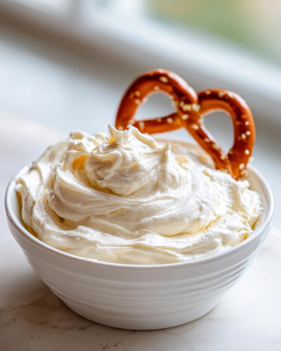 A white bowl filled with fluffy Classic Cream Cheese Pretzel Dip, garnished with a soft pretzel.