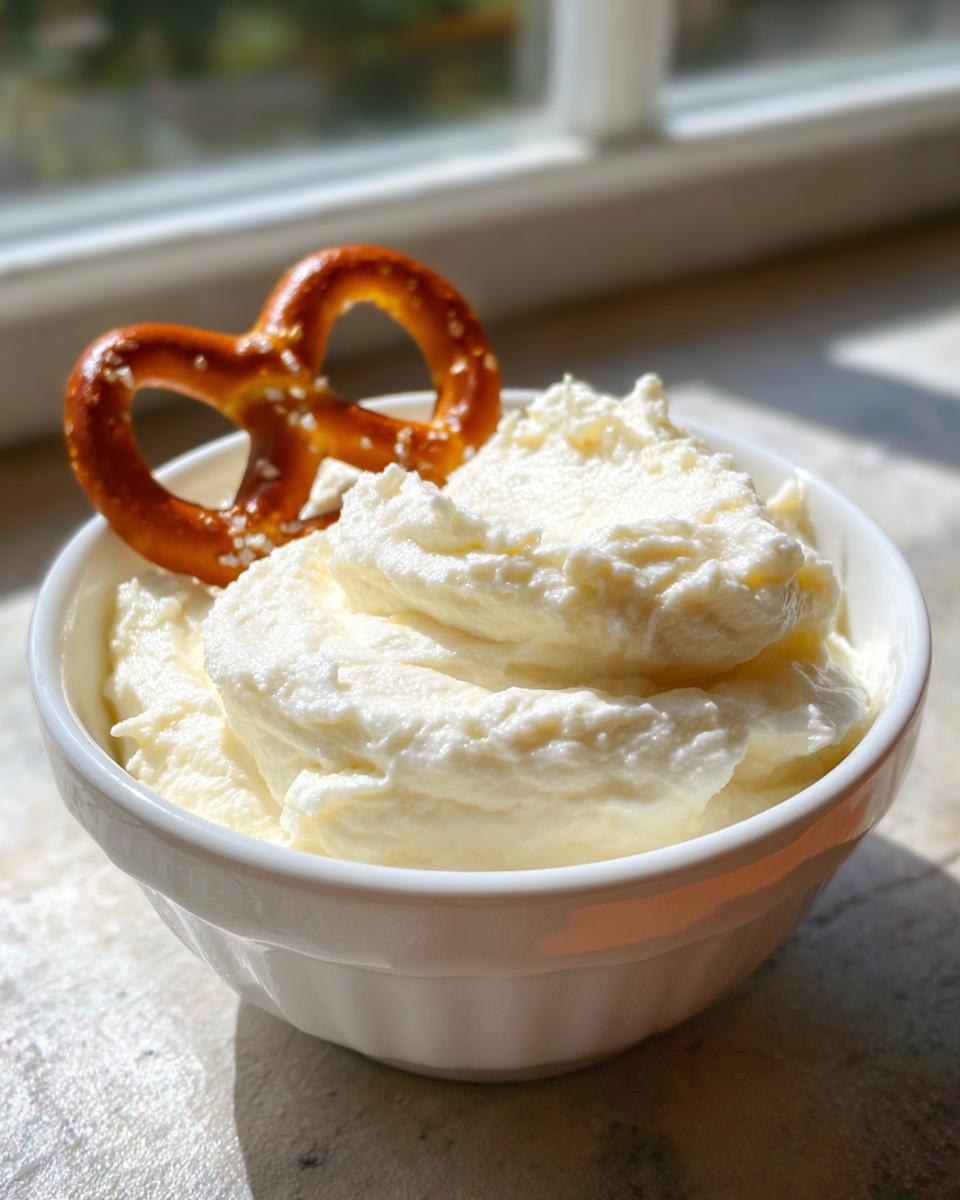 A white bowl filled with fluffy Classic Cream Cheese Pretzel Dip, garnished with a single soft pretzel.