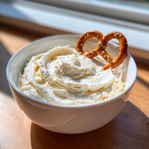 A white bowl filled with creamy Classic Cream Cheese Pretzel Dip, garnished with a salted pretzel.
