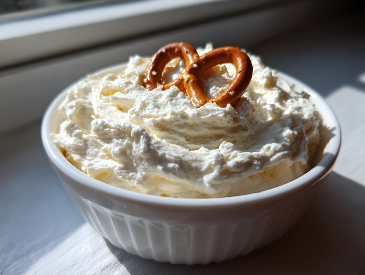 A close-up of fluffy Classic Cream Cheese Pretzel Dip topped with two small pretzels in a white bowl.