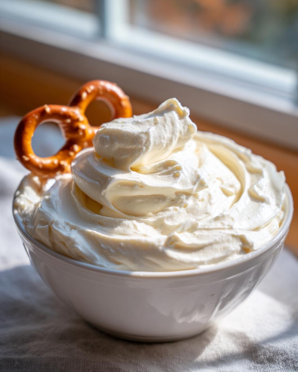 A close-up of fluffy, whipped Classic Cream Cheese Pretzel Dip in a white bowl, garnished with a mini pretzel.