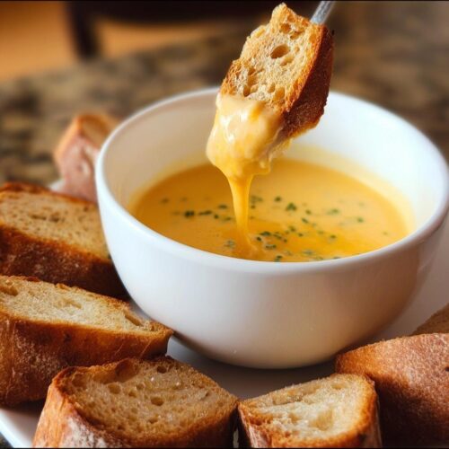 A piece of toasted bread being dipped into a bowl of creamy Classic Garlic Herb Cheddar Fondue.