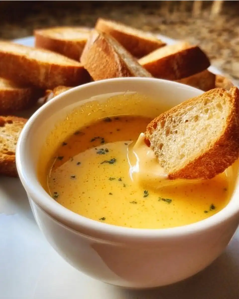A piece of toasted bread being dipped into a bowl of creamy Classic Garlic Herb Cheddar Fondue.
