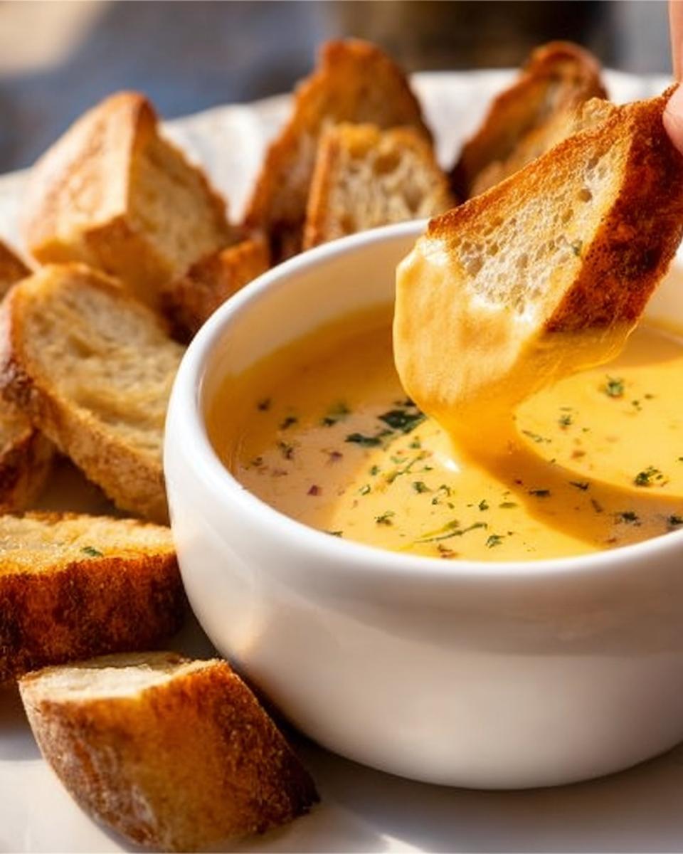 A piece of toasted bread being dipped into a bowl of creamy Classic Garlic Herb Cheddar Fondue sprinkled with herbs.
