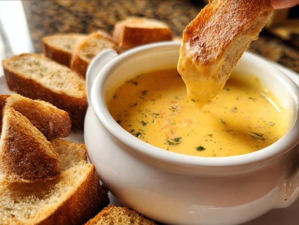 A piece of toasted bread being dipped into a bowl of rich, yellow Classic Garlic Herb Cheddar Fondue.