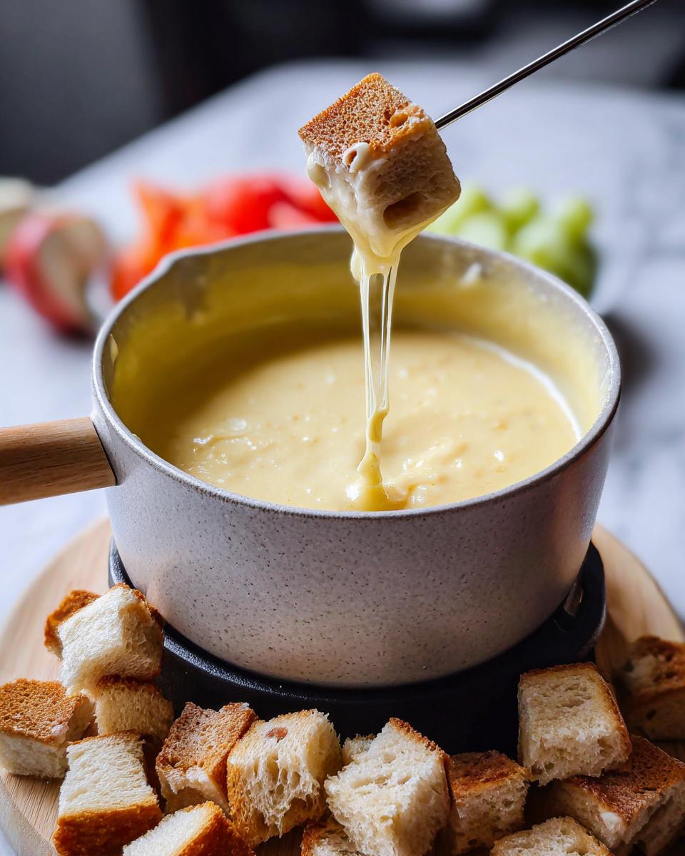 A piece of bread on a fondue fork being dipped into creamy Classic Gruyere Cheese Fondue, showing a long cheese pull.