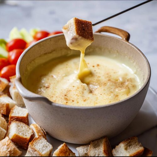 A piece of bread is dipped into a pot of creamy Classic Gruyere Cheese Fondue, dripping melted cheese.