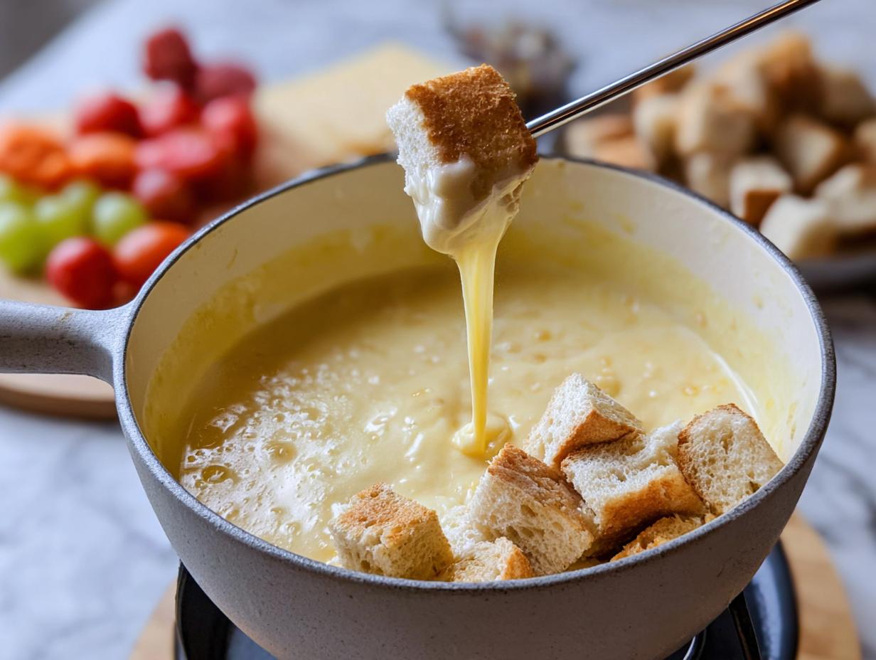 A piece of bread is dipped into bubbling Classic Gruyere Cheese Fondue, creating a long, gooey cheese pull.