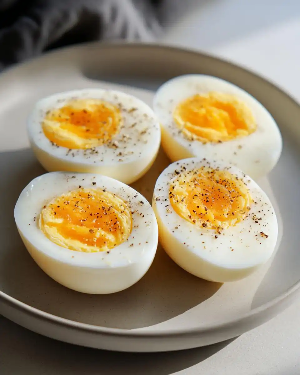 Four halves of Classic Hard Boiled Eggs seasoned with black pepper on a light plate.