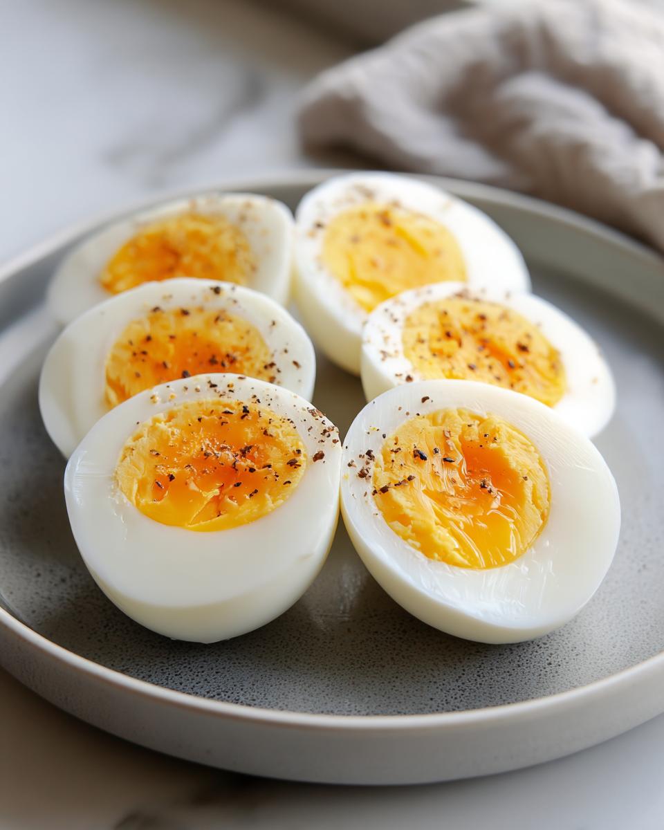 Six halves of Classic Hard Boiled Eggs with creamy, slightly jammy yolks seasoned with black pepper.