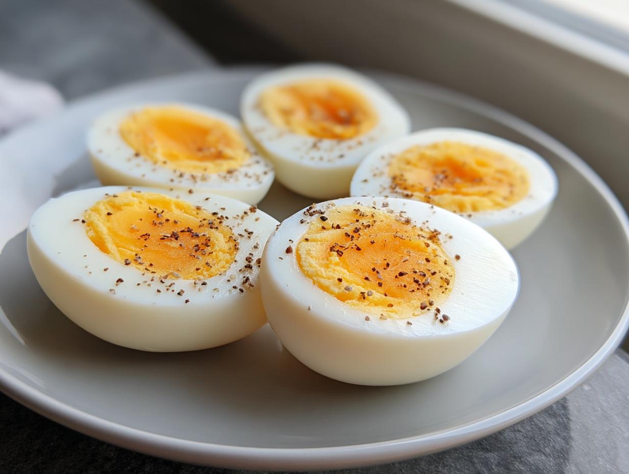 Five halves of Classic Hard Boiled Eggs, seasoned with pepper, resting on a light gray plate.