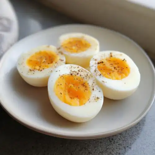 Four halves of Classic Hard Boiled Eggs with bright orange yolks, seasoned with pepper, served on a light plate.