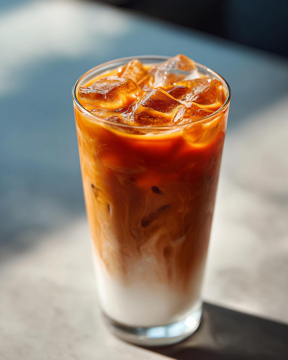 A tall glass filled with a Classic Iced Chai Tea Latte showing swirling layers of milk and spiced tea concentrate over ice cubes.