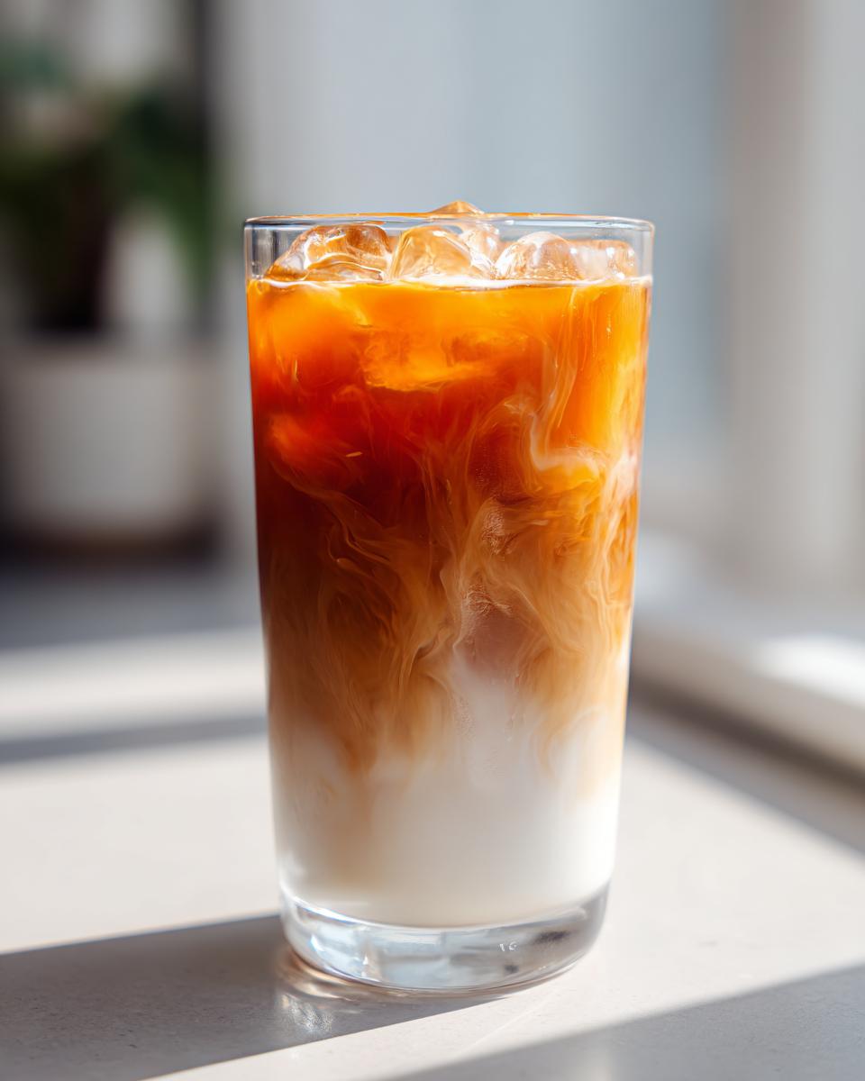 Close-up of a Classic Iced Chai Tea Latte showing rich brown concentrate swirling into white milk over ice cubes.