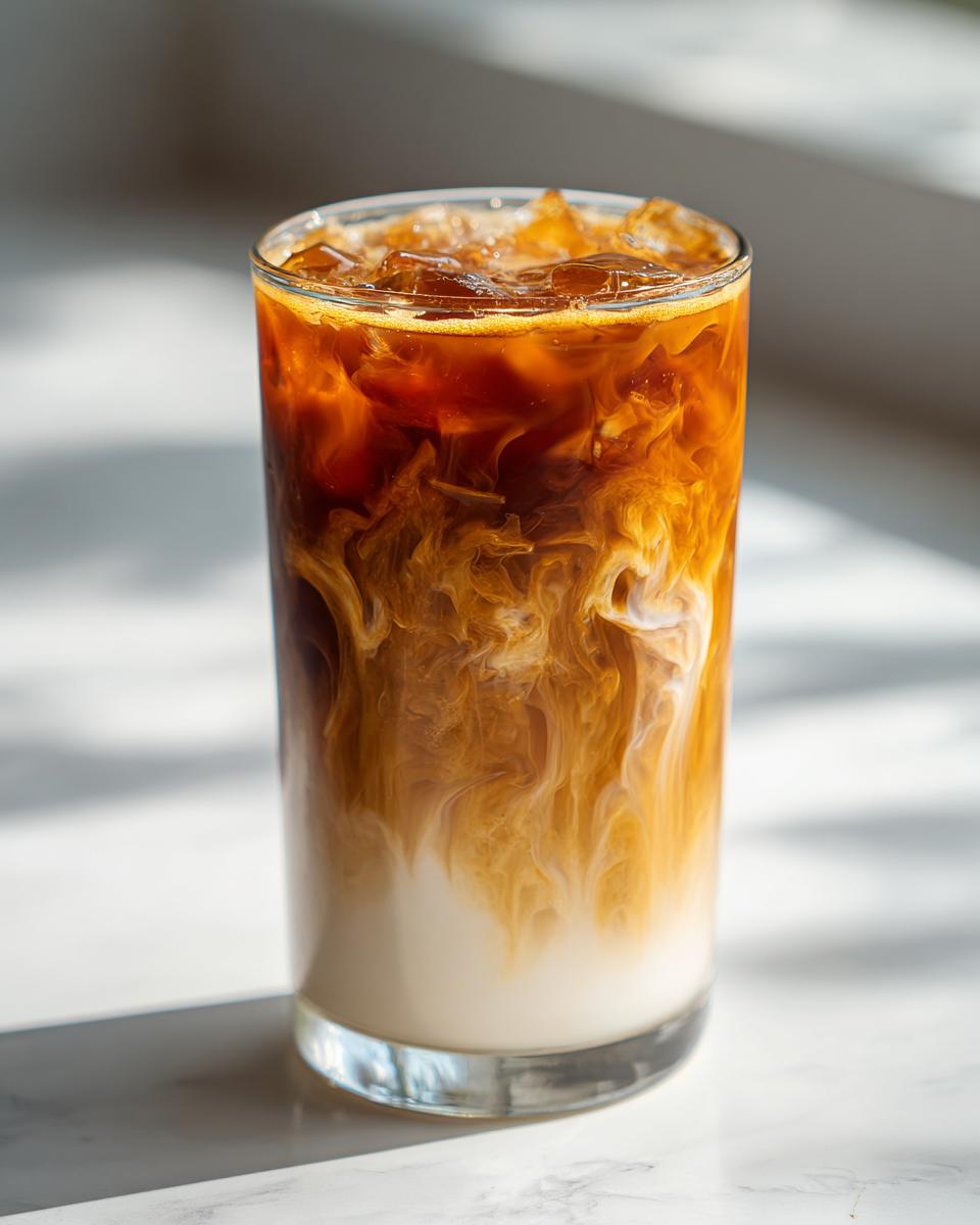 A tall glass showing the beautiful swirling effect as chai concentrate mixes with milk over ice in a Classic Iced Chai Tea Latte.