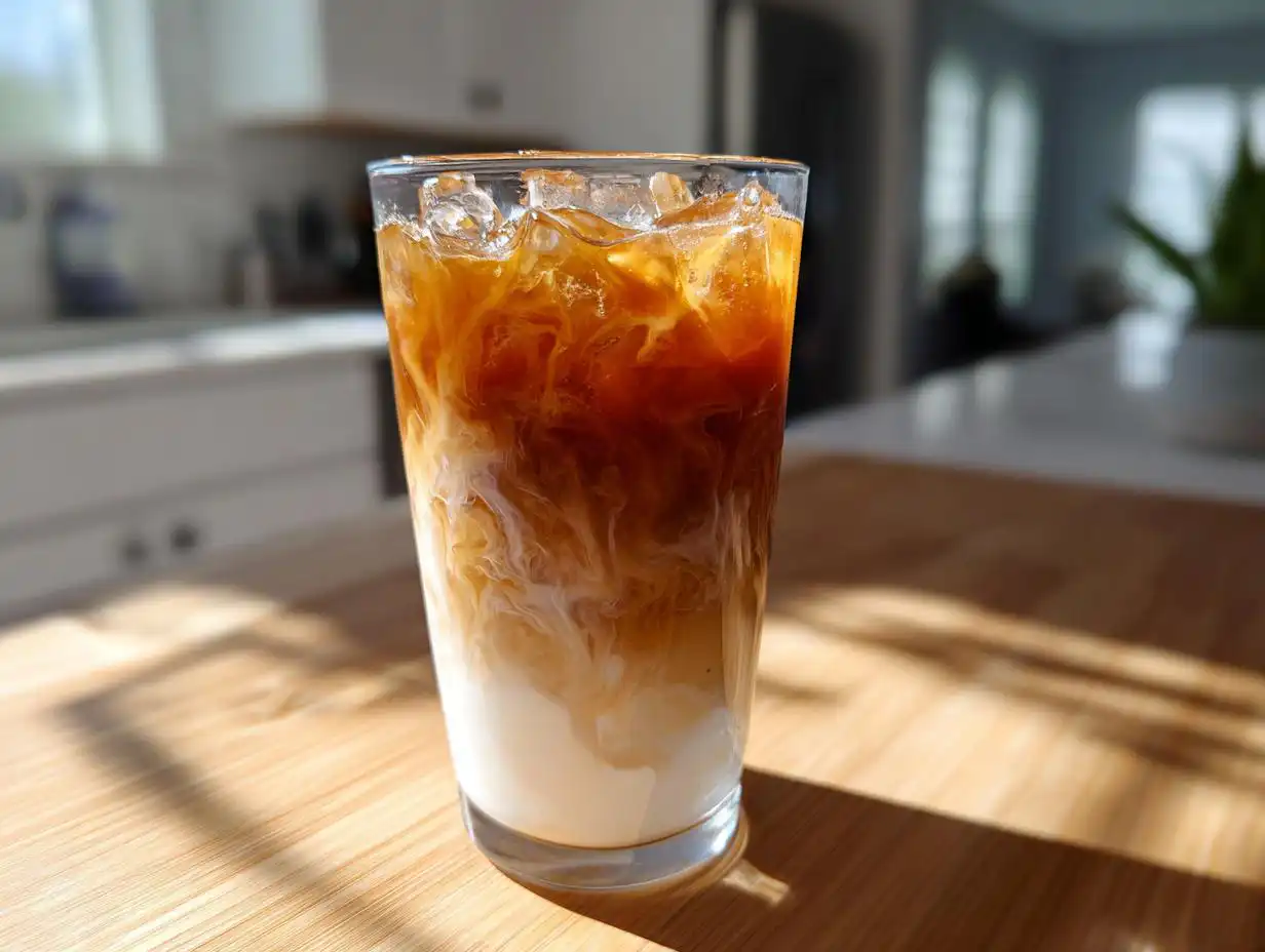 A tall glass filled with ice, showing the beautiful marbling effect of chai concentrate mixing with milk for a Classic Iced Chai Tea Latte.