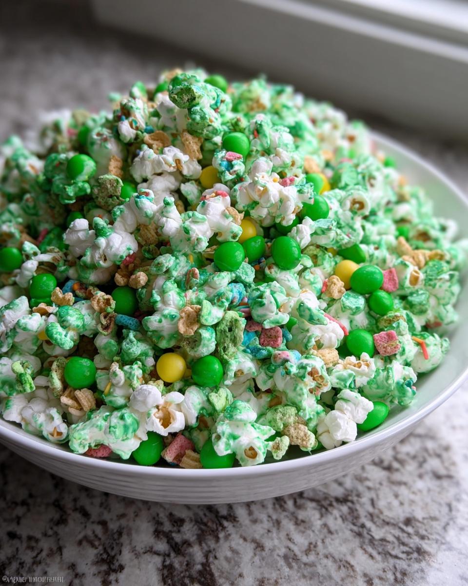 A white bowl overflowing with Classic Leprechaun Popcorn, featuring green-drizzled popcorn, green and yellow candies, and cereal pieces.
