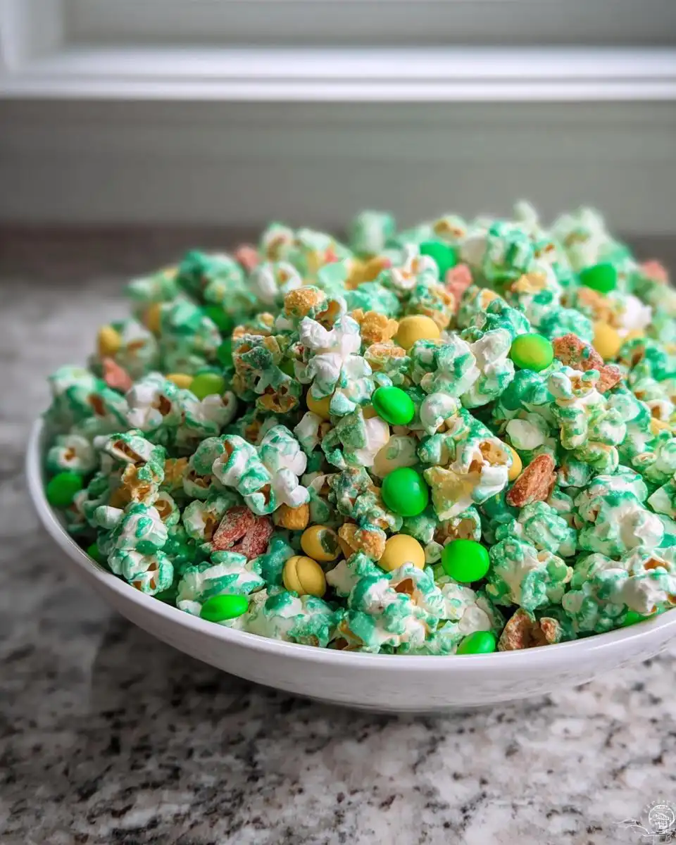 A white bowl overflowing with green and white coated Classic Leprechaun Popcorn mixed with yellow and green candies.